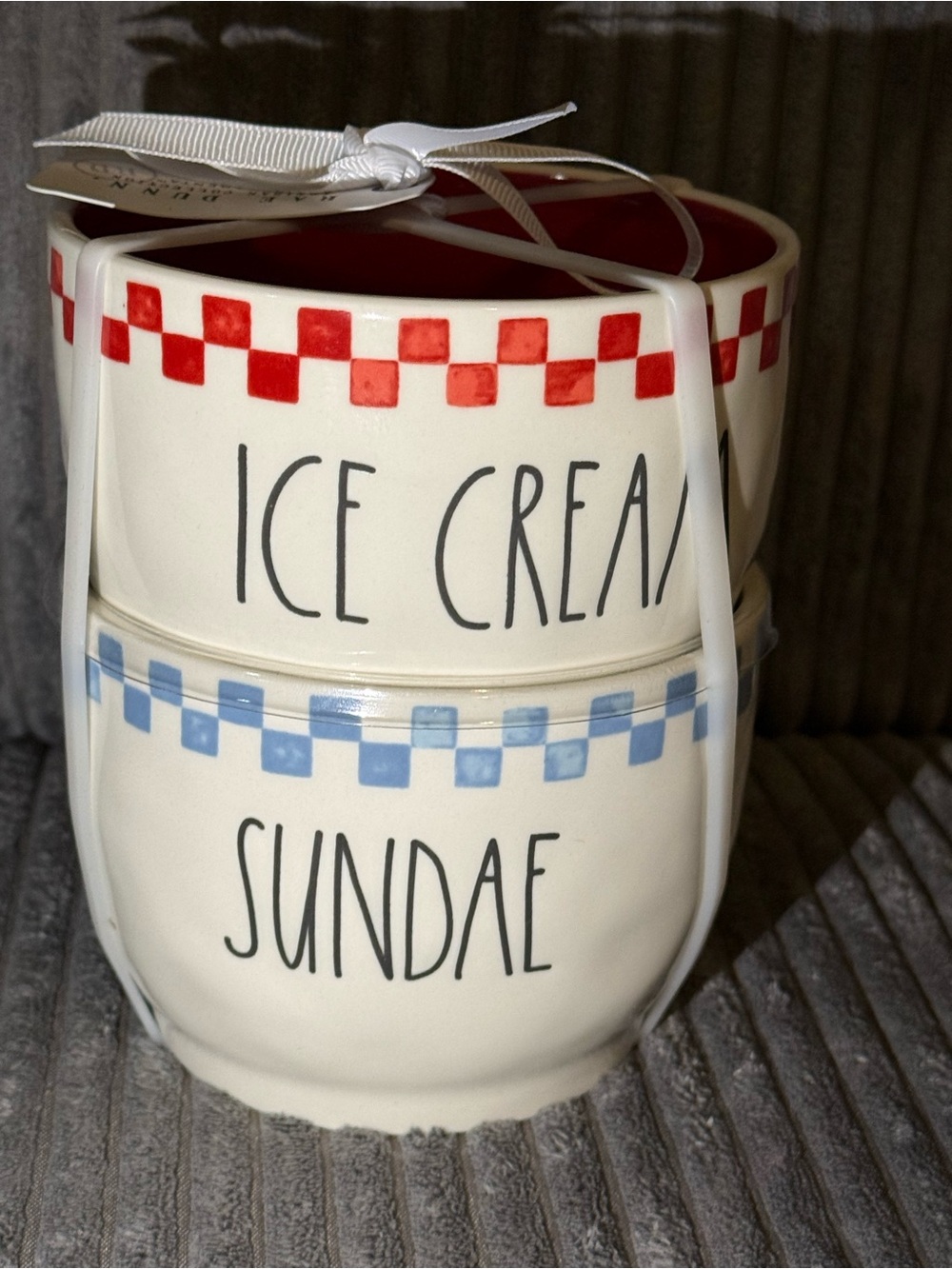 Rae Dunn Ice Cream Sundae Ceramic Bowls - Red & Blue Check